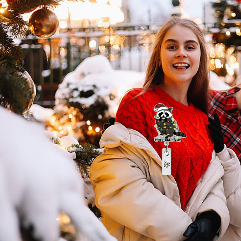 Wholesale Christmas Glitter Acrylic Sloth Dinosaur Puppy Retractable Rotating Badge Keychain ACC-KC-QiDing032