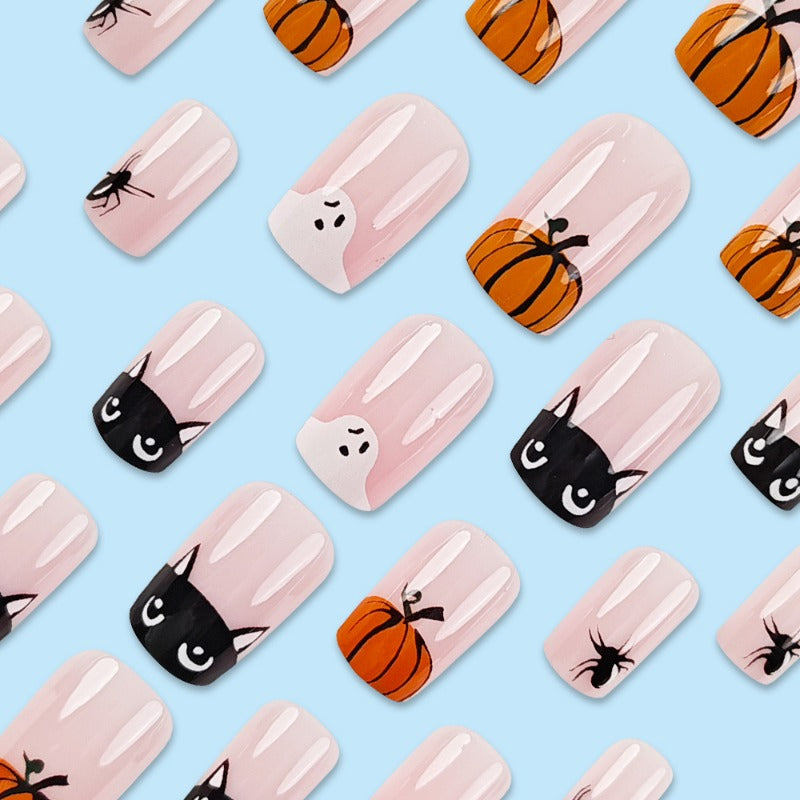 Wholesale 24 Pieces/box Halloween Cute Ghost Pumpkin Nails Kits Nail Stickers ACC-NS-QXJ021