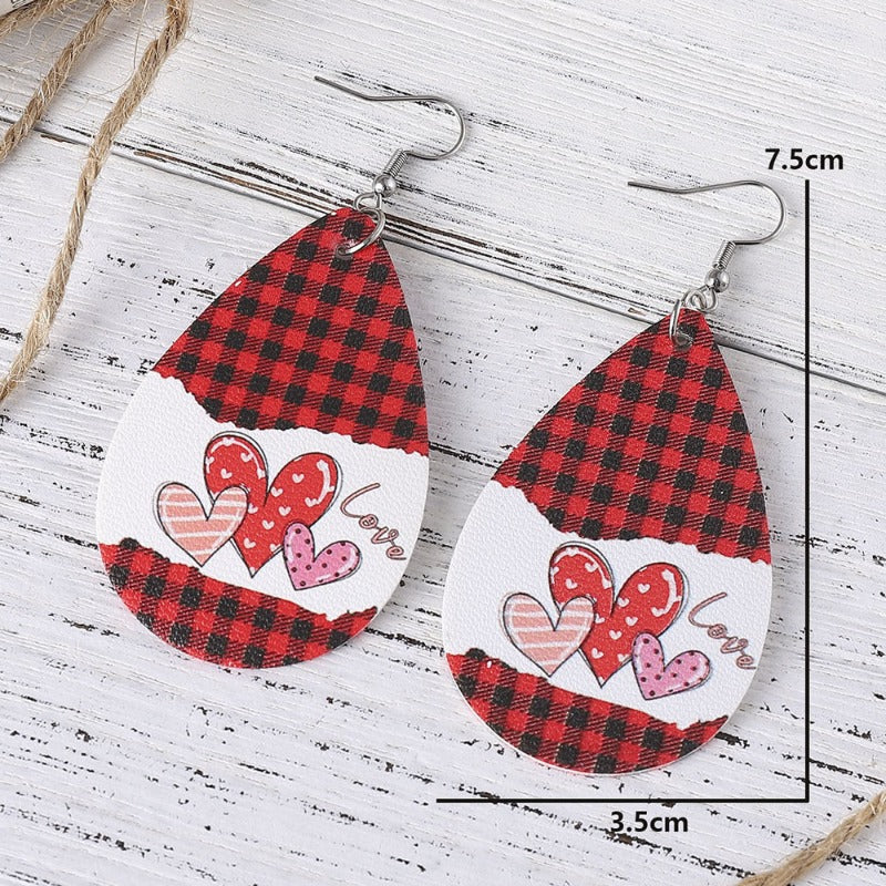 Wholesale Personalized Water Drop Love Grid Double-Sided PU Leather Earrings ACC-ES-ChuLian121
