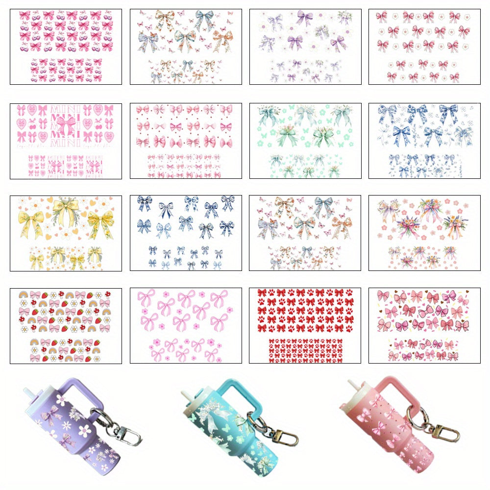16pcs Bow Theme UV DTF Wraps Rub on Transfer Stickers for Mini Tumbler Cup Keychains Accessories DIY Gift Cup Sticker Gift