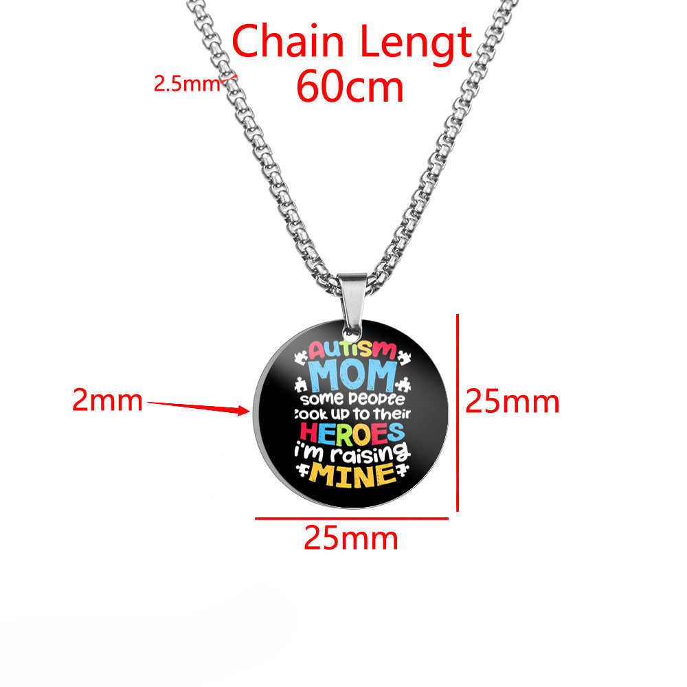 Wholesale Autism MOM Puzzle Color Printed Pendant Stainless Steel Necklace Mother's Day ACC-NE-HuanYu004