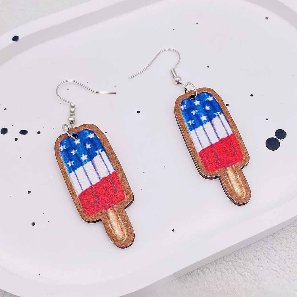 Wholesale Independence Day Earrings Pentagram Ice Cream Print Wooden Earrings ACC-ES-SuSheng002