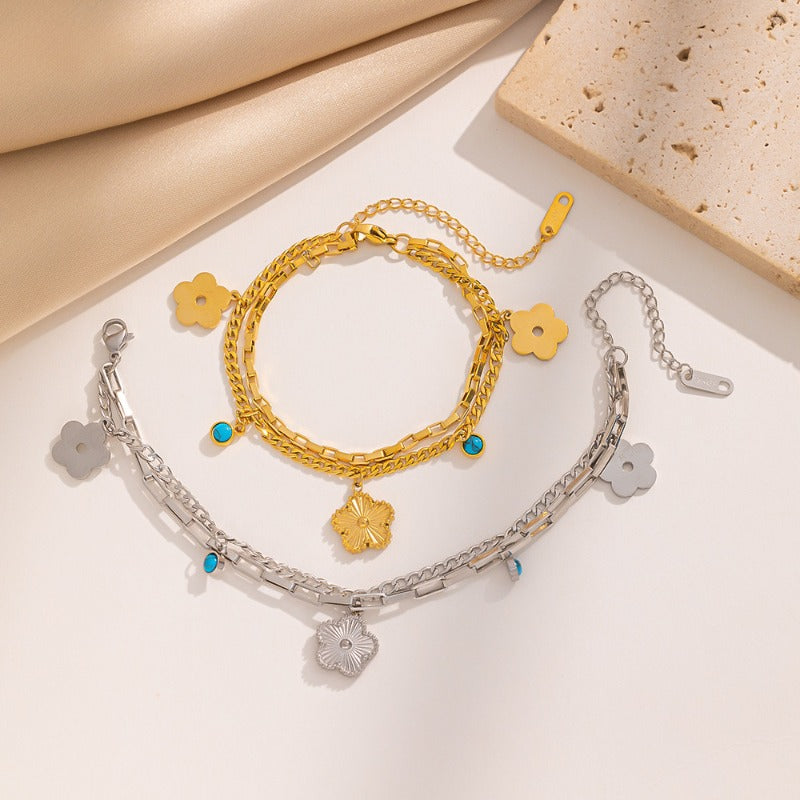 Wholesale Titanium Steel Double Layer Stacking Five Leaf Flower Bracelet ACC-BT-NaBao002
