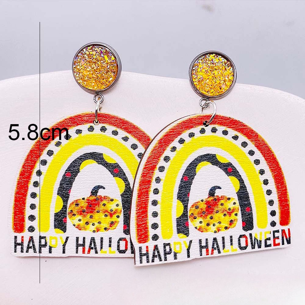 Wholesale Halloween Pumpkin Forest Skull Spider Web Wood Earrings ACC-ES-ChenY081