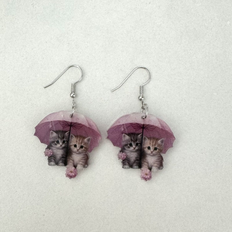 Wholesale Thanksgiving Pink Umbrella Flower Cat Earrings ACC-ES-Xiyin010