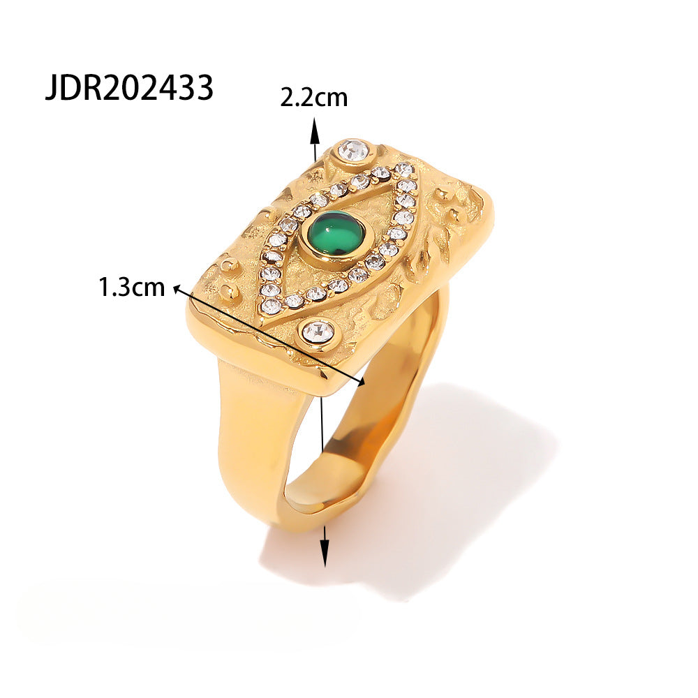 Wholesale 18K Gold Inlaid Zircon Green Malachite Lava Square Devil Eye Ring Stainless Steel Gold Plated Rings ACC-RS-JieDing004