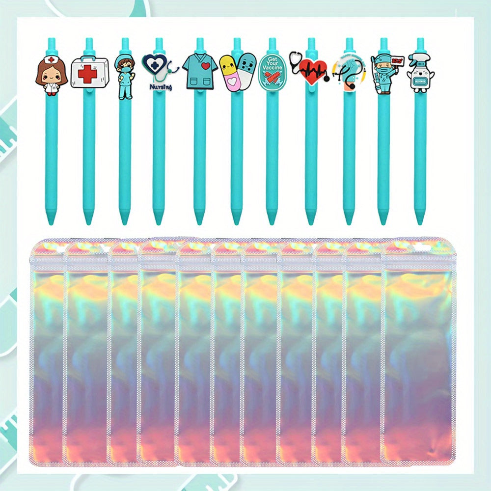 22pcs Medical Theme Pen Kits-11pcs Plastic Cartoon Nurse Ballpoint Pen with 11pcs Colorful Bags Office Supplies Fashion Gifts