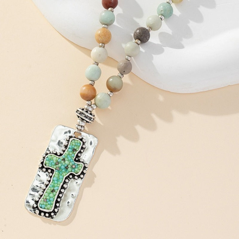 Wholesale Natural Stone Handmade Beaded Knotted Cross Necklace ACC-NE-QingHe002