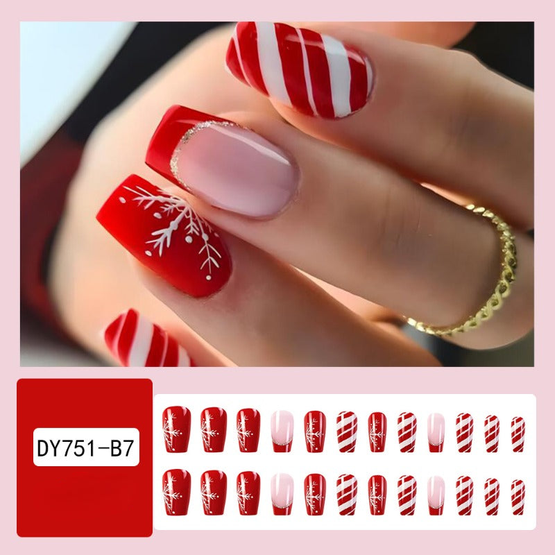 Wholesale 24 Pieces/box Christmas Red and White Stripes Glitter Snowflake Nails Kits Nail Stickers ACC-NS-QXJ015