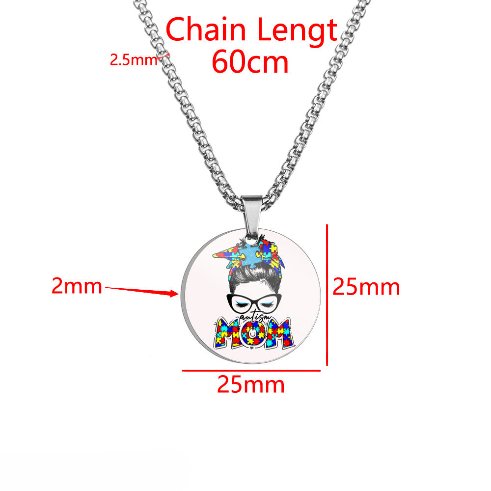 Wholesale Autism MOM Color Printed Pendant Stainless Steel Necklace Mother's Day ACC-NE-HuanYu002