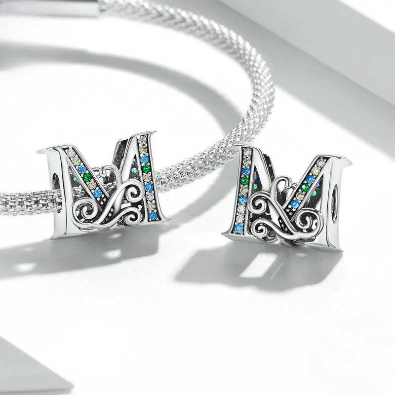 Wholesale 26 Letters DIY Beaded Bracelet Accessories Inlaid with Zircon Sterling Silver Beads Charms ACC-CHS-YinZhiyun001