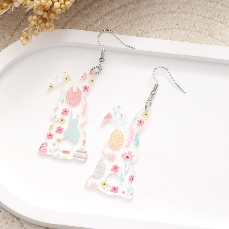 Wholesale Easter Acrylic Printed Bunny Striped Love Heart Earrings ACC-ES-YiTian023