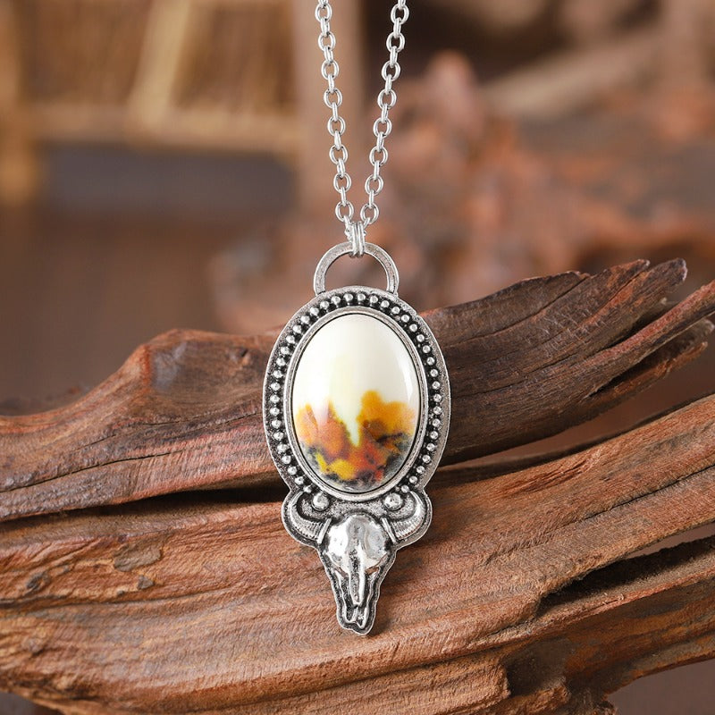 Wholesale Western Style Bull Head Flower Oval Pendant Necklace ACC-NE-zhiyu001