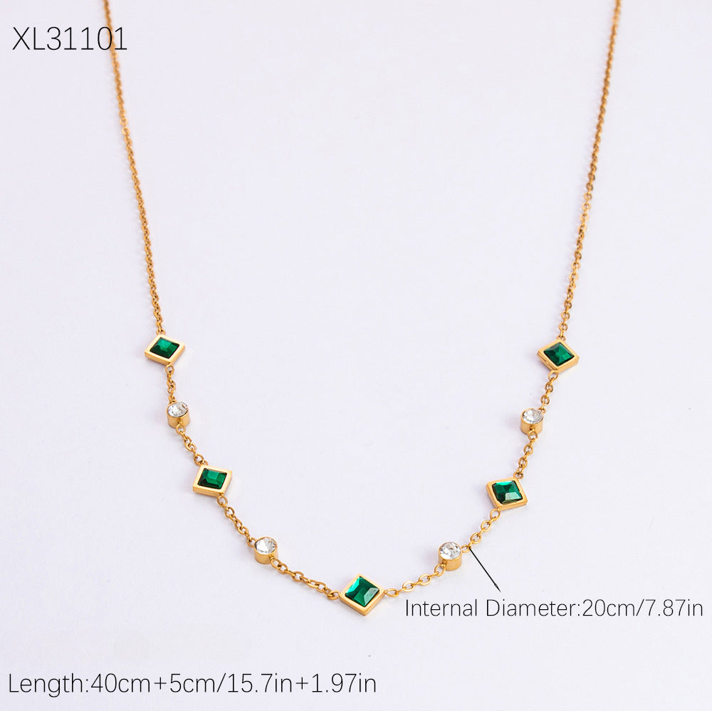 Wholesale Stainless Steel Necklace 18K Gold Plated Square Emerald Rhinestone Zircon Choker Necklaces ACC-NE-YuHui003