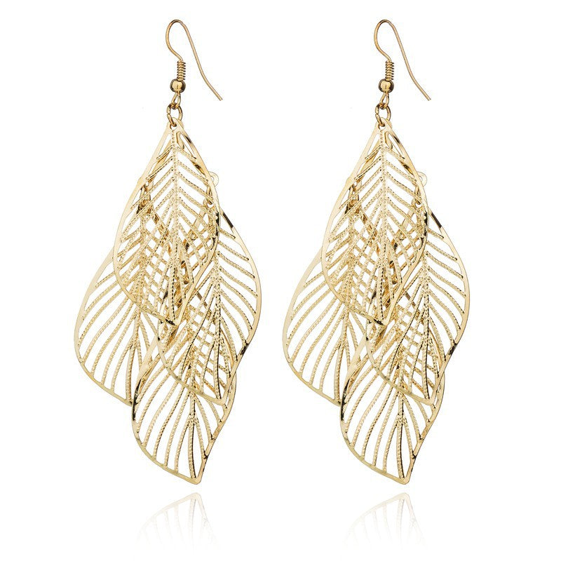 Wholesale Hollow Leaf Tassel Metal Women' s Earrings Party Wear Fashion Accessory