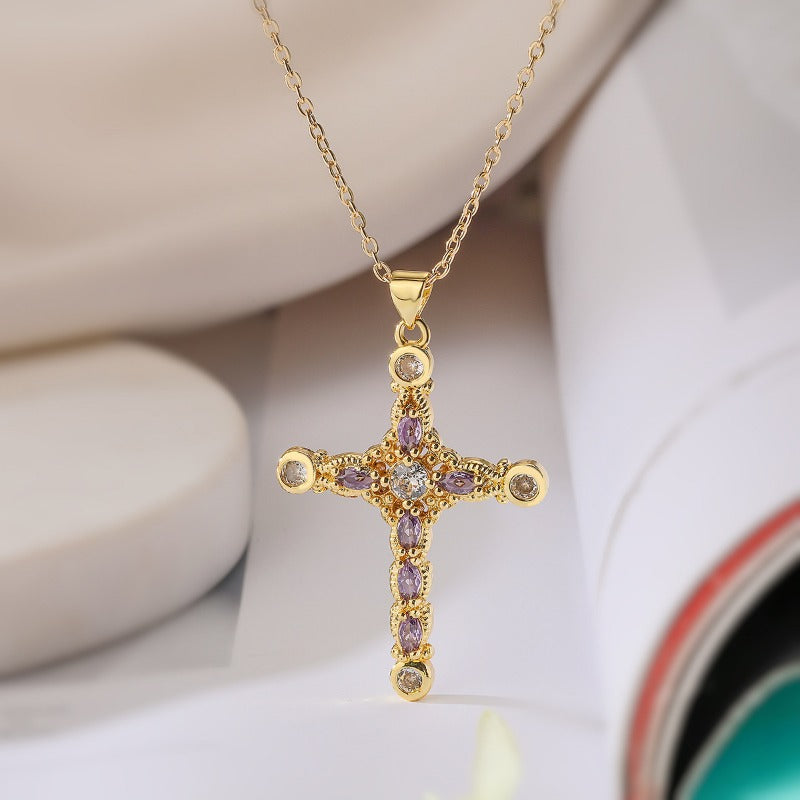 Wholesale Copper Plated Real Gold Zircon Cross Pendant Necklace ACC-NE-AoGu003