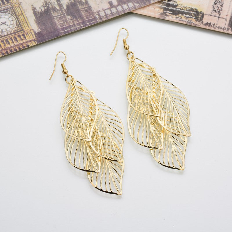 Wholesale Hollow Leaf Tassel Metal Women' s Earrings Party Wear Fashion Accessory