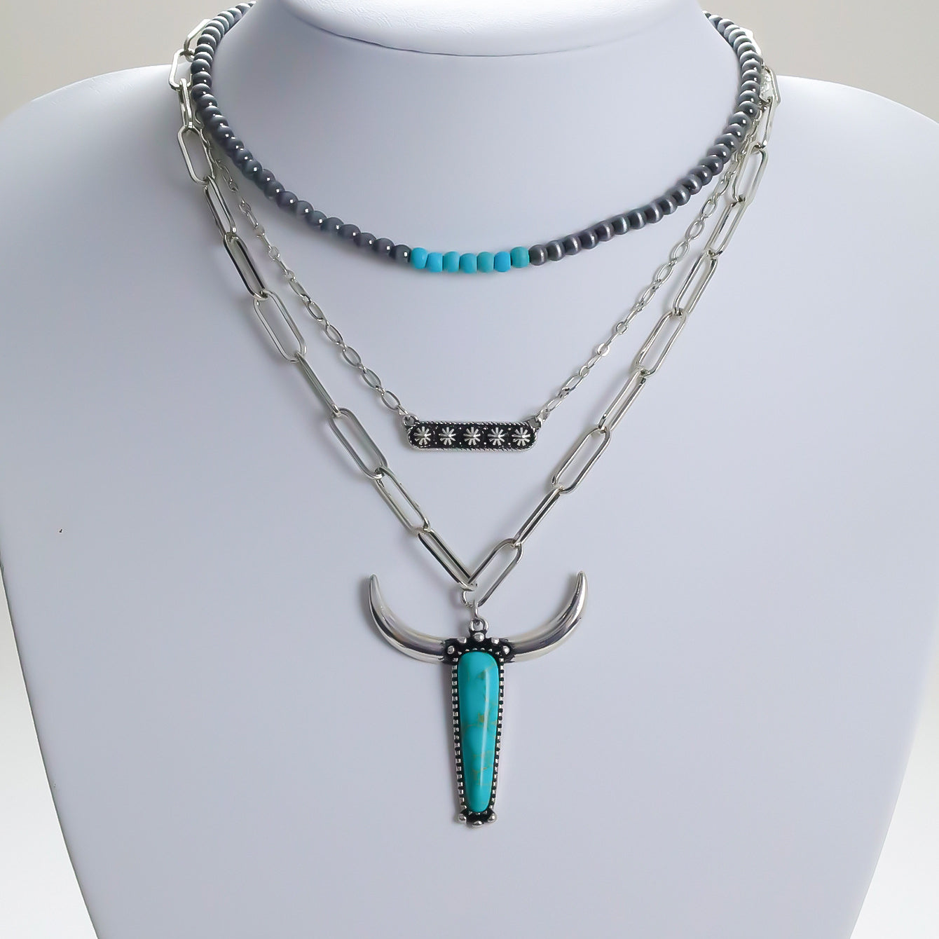 Wholesale Western Style Turquoise Bull Head Multi-layer Necklace ACC-NE-Xilu004
