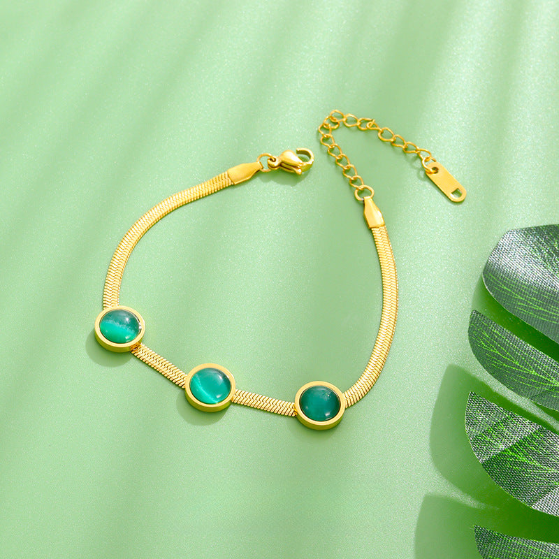 Wholesale Vintage Emerald Necklace Cat's Eye Jewelry Set Titanium Steel Necklace 18k Gold Bracelet Earrings ACC-NE-YiSheng006