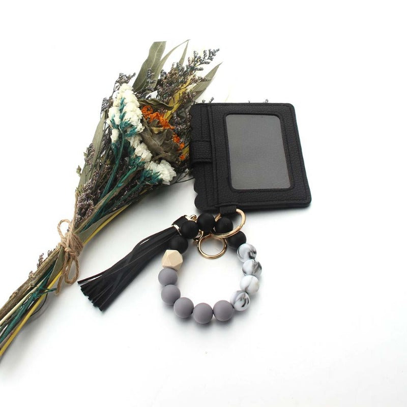 Wholesale Silicone PU Leather Tassel Bracelet Wooden Beads Wallet Keychain ACC-KC-JinAn023
