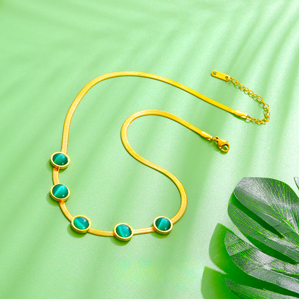 Wholesale Vintage Emerald Necklace Cat's Eye Jewelry Set Titanium Steel Necklace 18k Gold Bracelet Earrings ACC-NE-YiSheng006