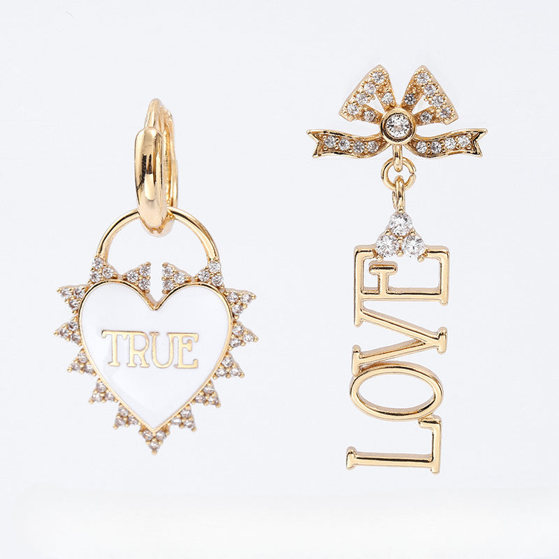 Wholesale Valentine's Day 925 Silver Needle Zircon Heart Shape Asymmetric Earrings