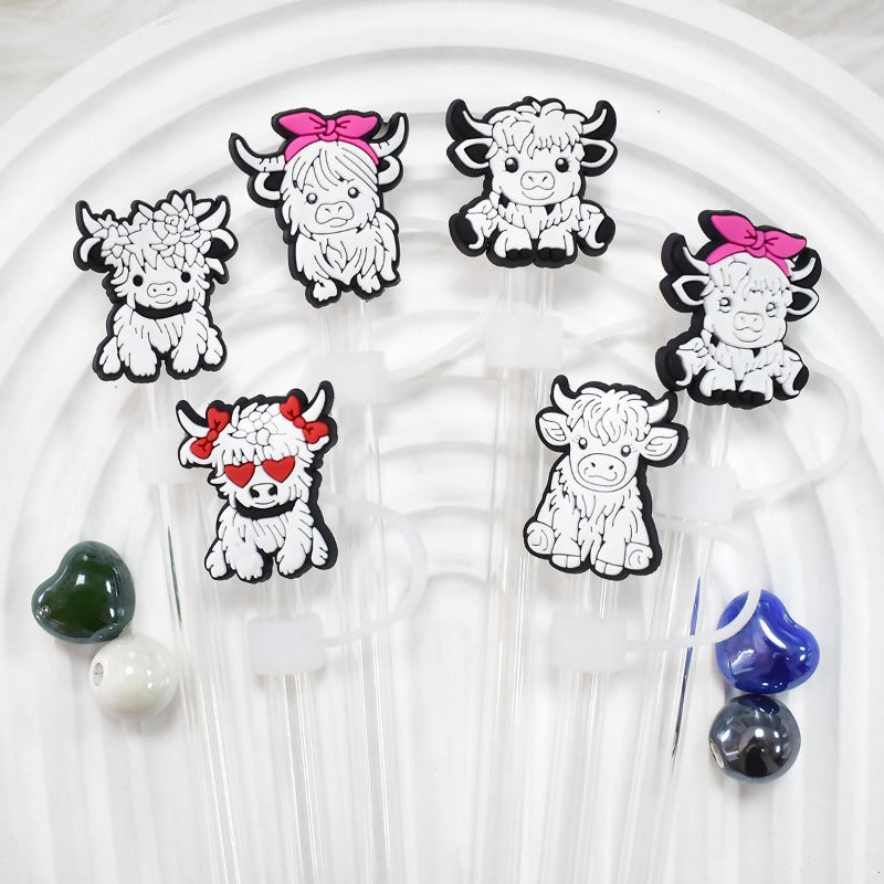 Wholesale Random 100pcs Cartoon Alpine Cow 10mm PVC Soft Straw Tube Cap ACC-SCR-RYY120