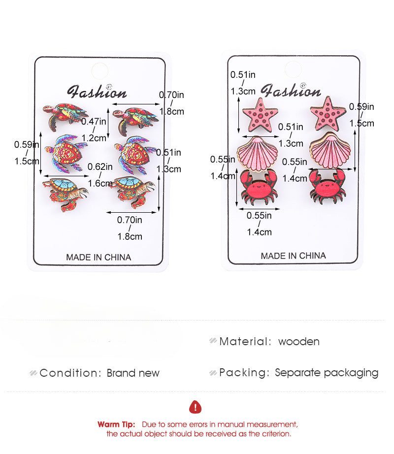 Wholesale Ocean Style Animal Earrings Crab Starfish Turtle Print Wooden Earrings ACC-ES-ChengJing002