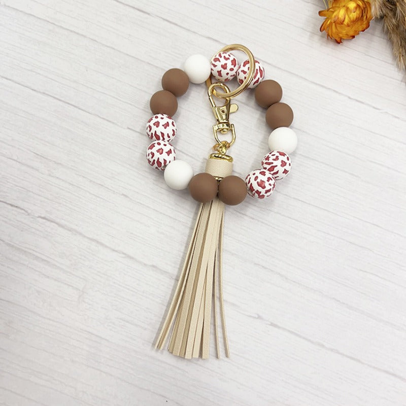 Wholesale Western Style Cow Pattern Wood Beads Silicone Beads Beaded Keychain ACC-KC-JiuYa008