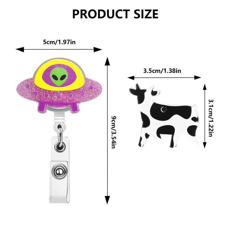 Wholesale Acrylic Glitter Alien Cow Retractable Rotating Badge Keychain ACC-KC-QiDing010
