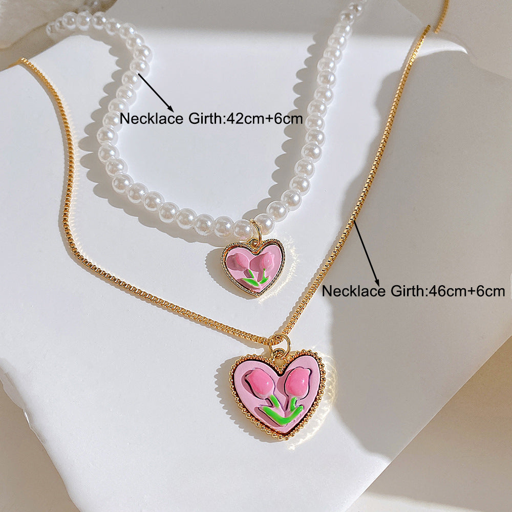 Wholesale Vintage Pearl Necklace Small Fragrant Style Double Tulip Necklace Love Pendant Necklace ACC-NE-HZS001