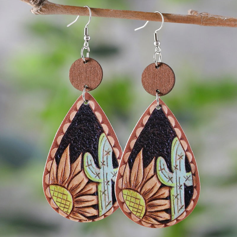 Wholesale Sunflower Cactus Water Drop Wood Leather Double Sided Earrings ACC-ES-ChuLian110