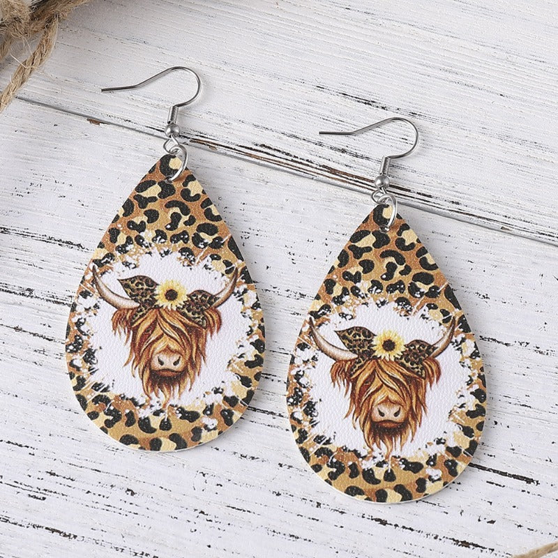 Wholesale Western Cowboy Leopard Print Cow Print Double-Sided PU Leather Earrings ACC-ES-ChuLian119