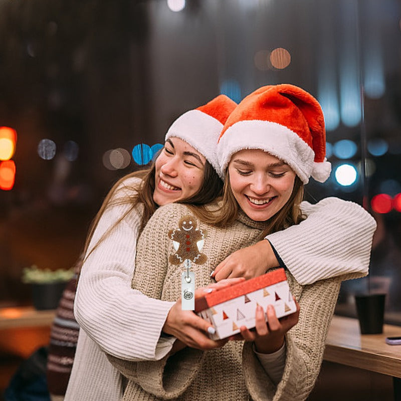 Wholesale Glitter Christmas Gingerbread Man Retractable Rotating Badge Keychain ACC-KC-QiDing021