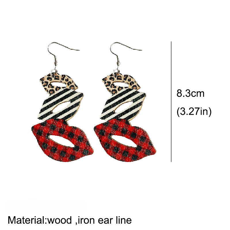Wholesale 2 Pairs/pack Valentine's Day Lip Color Matching Boots Leopard Print Wood Earrings ACC-ES-HY186