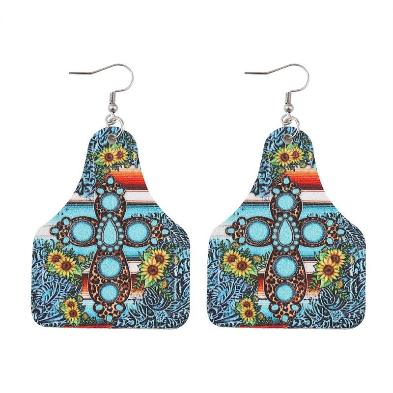 Wholesale Western Style Leopard Cow Pattern Sunflower Cross Leather Earrings ACC-ES-ChuLian138