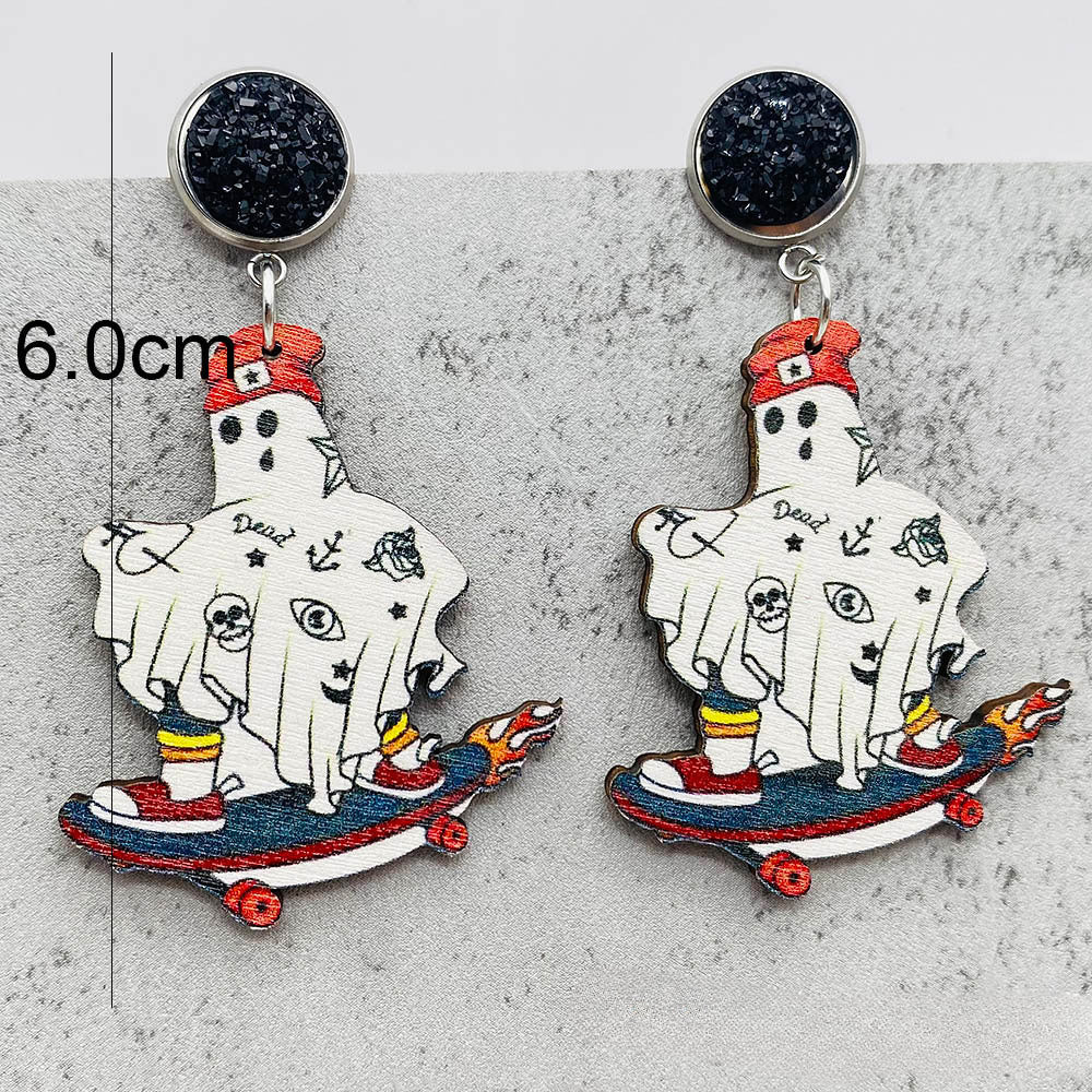 Wholesale Halloween Thanksgiving Ghost Pulley Wood Earrings ACC-ES-ChenY040