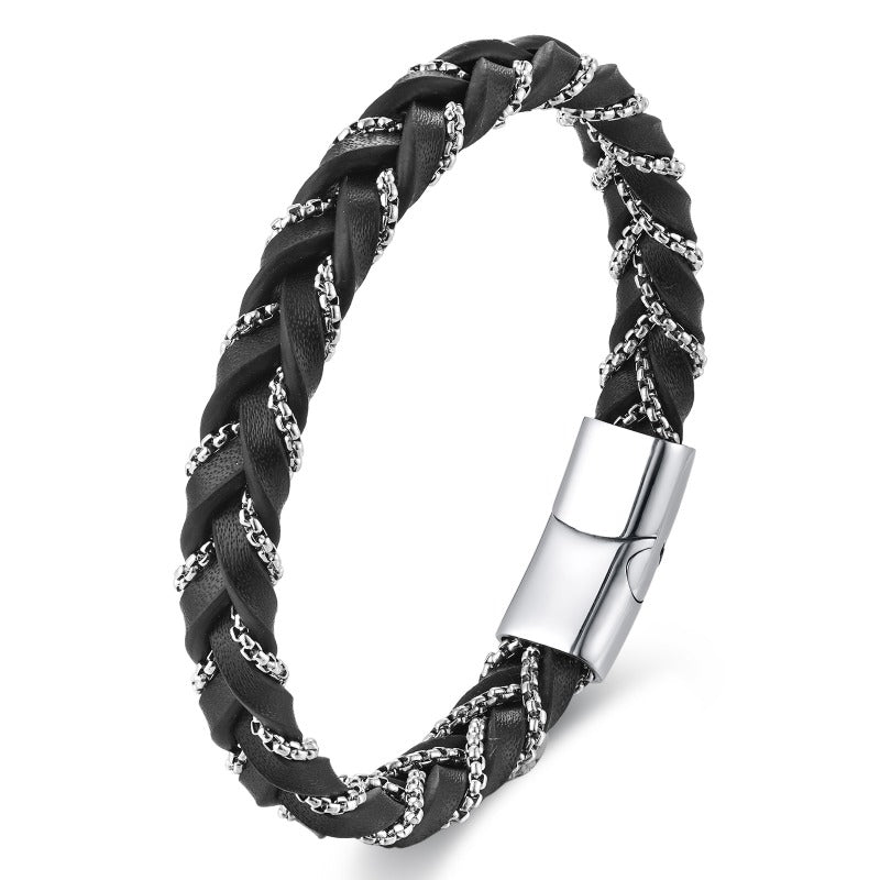 Wholesale Black Leather Cord Men's Double Layer Stainless Steel Bracelet ACC-BT-OSD001
