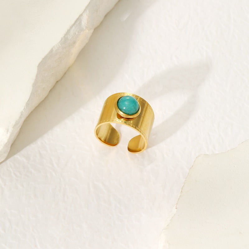 Wholesale Wide Edge Inlaid Natural Stone Stainless Steel Ring Open Rings ACC-RS-YunHe001