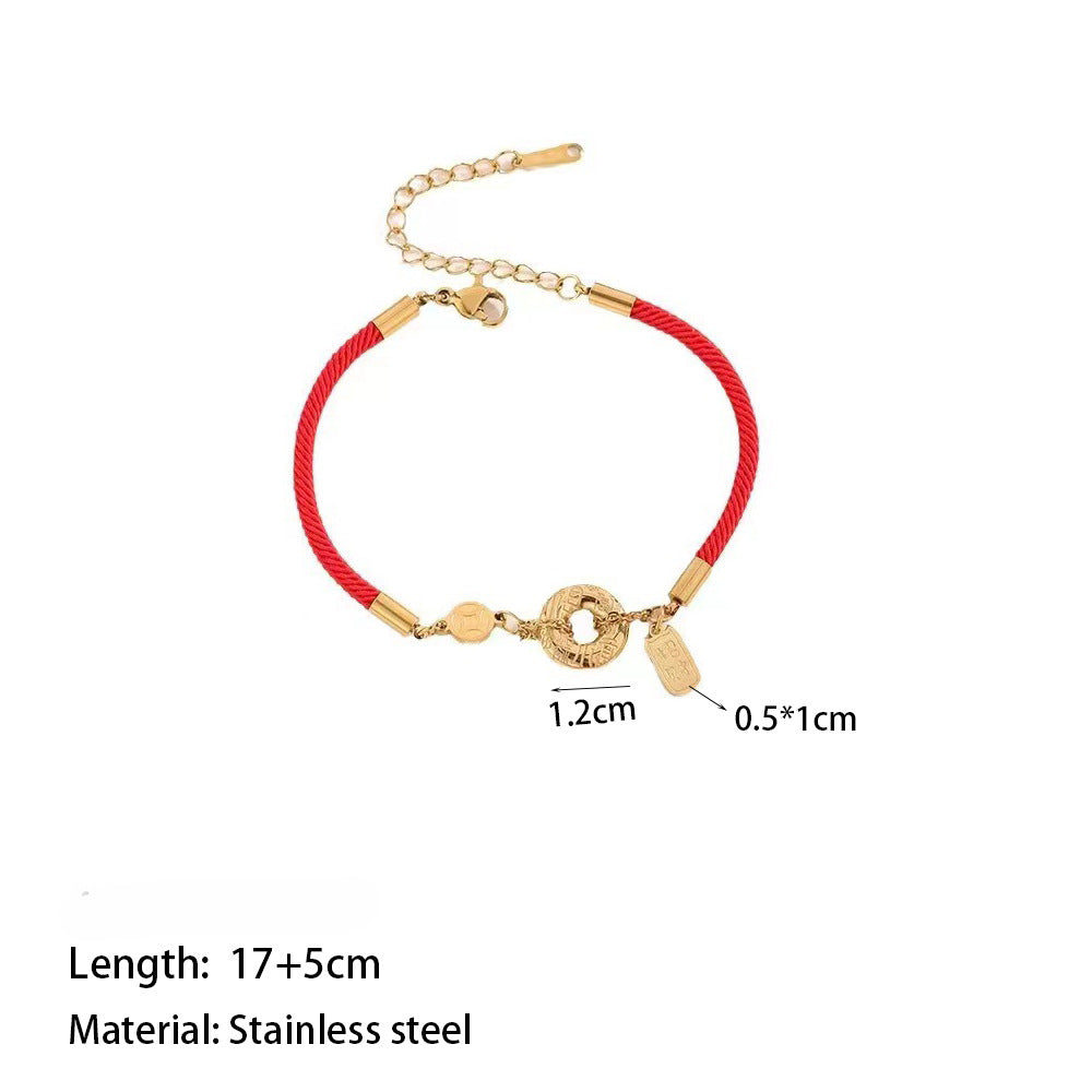 Wholesale Titanium Steel 18K Gold Light Luxury Red Rope Fortune Bracelet Anklets ACC-AS-Qiyun001