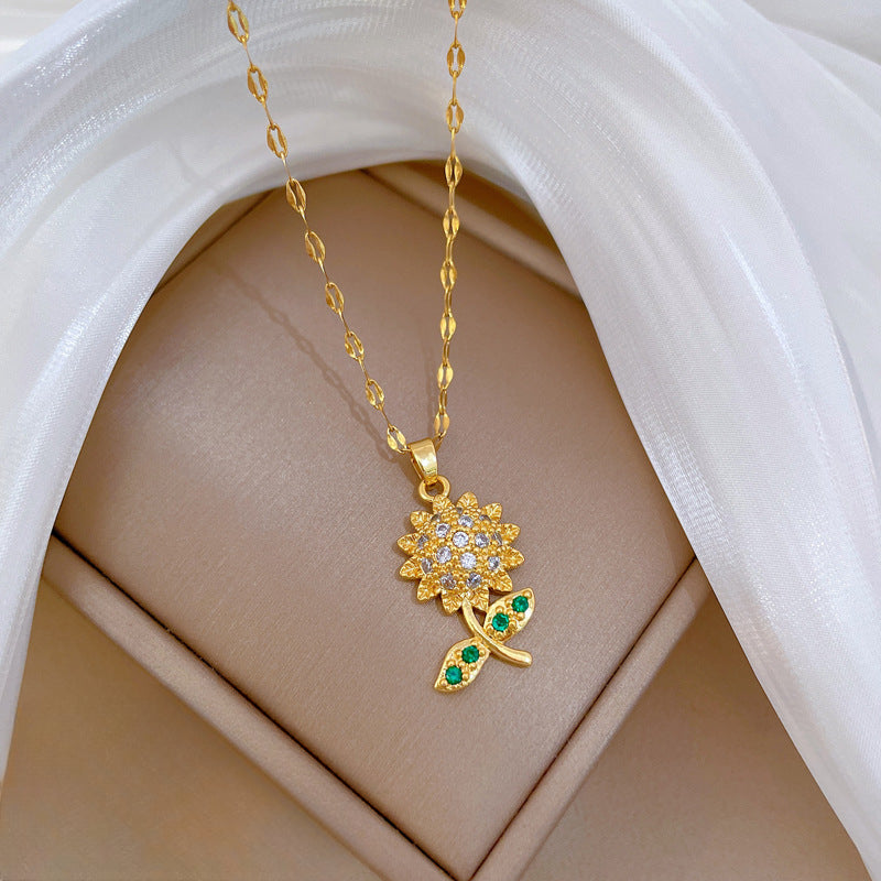 Wholesale Titanium Steel Leaf Sunflower Full Diamond Necklace Clavicle Chain ACC-NE-LiGe013