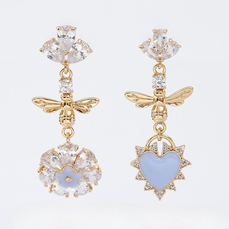 Wholesale Valentine's Day 925 Silver Needle Zircon Heart Shape Asymmetric Earrings