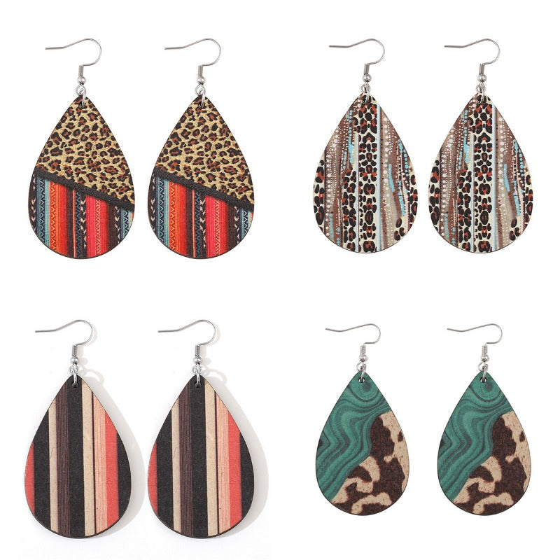 Wholesale Western Ethnic Style Bohemian Leopard Print Wooden Double-sided Earrings ACC-ES-ChuLian105