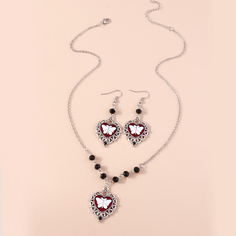Wholesale Dark Hollow Love Heart Butterfly Pendant Necklace Earrings Set ACC-NE-YueSen020