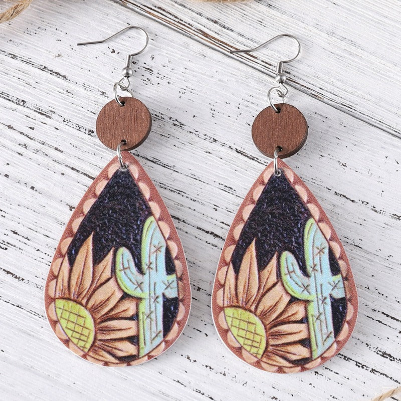 Wholesale Sunflower Cactus Water Drop Wood Leather Double Sided Earrings ACC-ES-ChuLian110