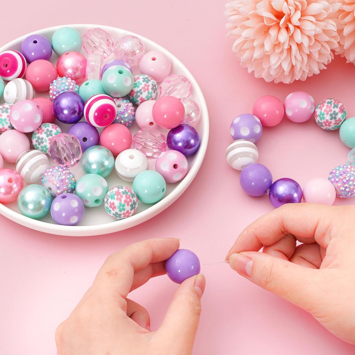 Whaline 50pcs 20mm Mixed Bubblegum Beads Boho Flower Spacer Beads, Macaron Colorful Chunky Bead Set, Jumbo Plastic Beads for Jewelry Making, Boutique DIY Craft Supplies