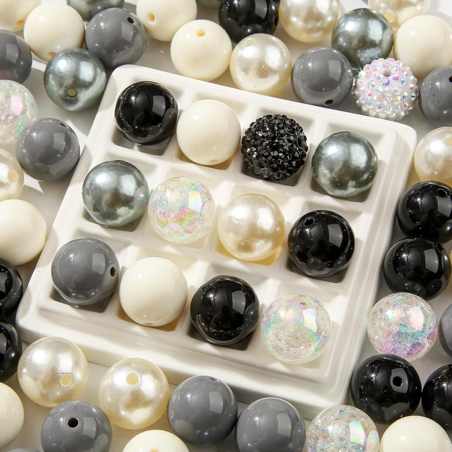 Wholesale 50pcs Acrylic Black&White Beads 20mm Chunk Bubblegum Bead Large Gumball Rhinestone Pearl Beads for DIY Phone Chain Key Chain Bracelet Necklace