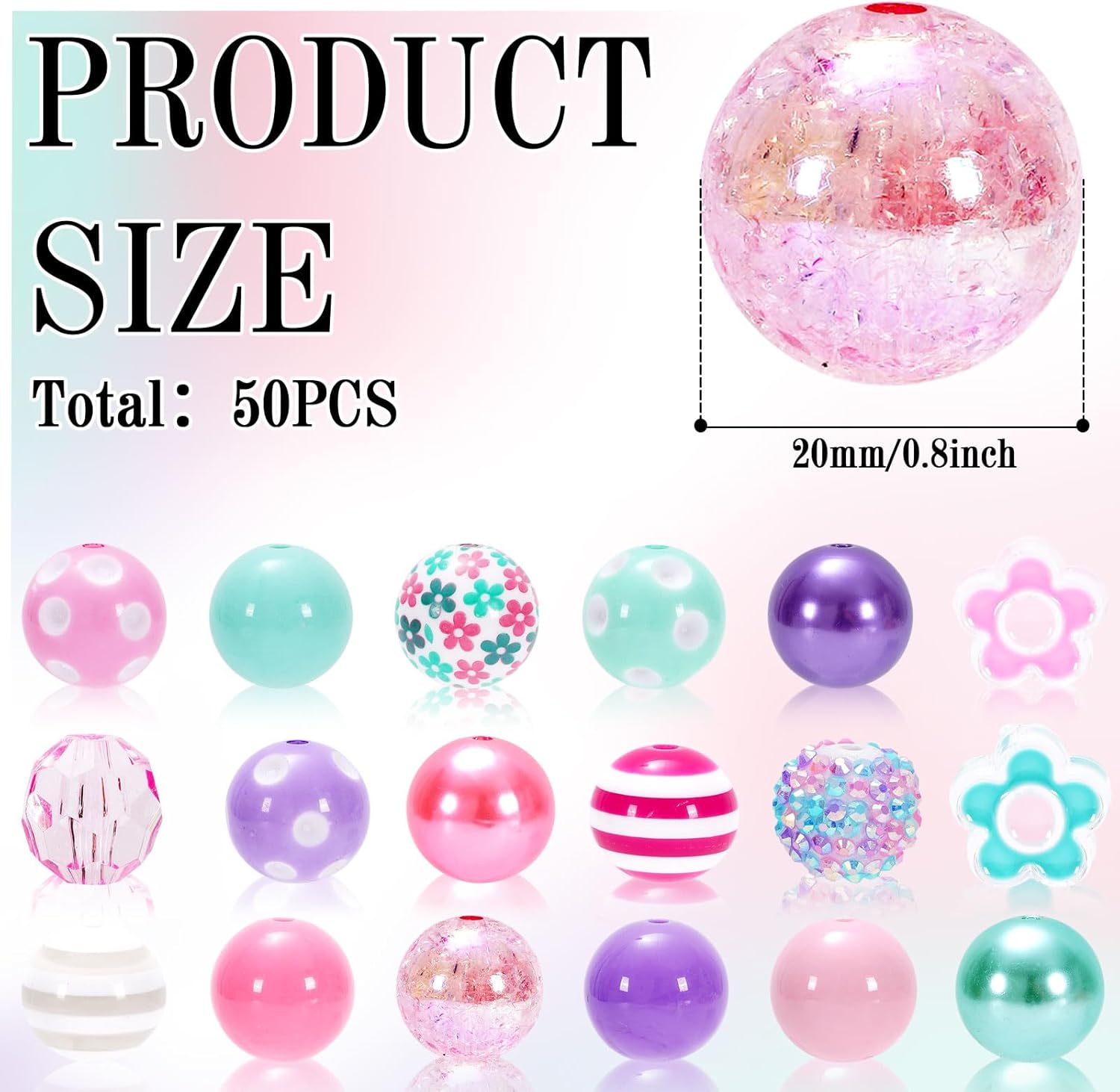 Whaline 50pcs 20mm Mixed Bubblegum Beads Boho Flower Spacer Beads, Macaron Colorful Chunky Bead Set, Jumbo Plastic Beads for Jewelry Making, Boutique DIY Craft Supplies