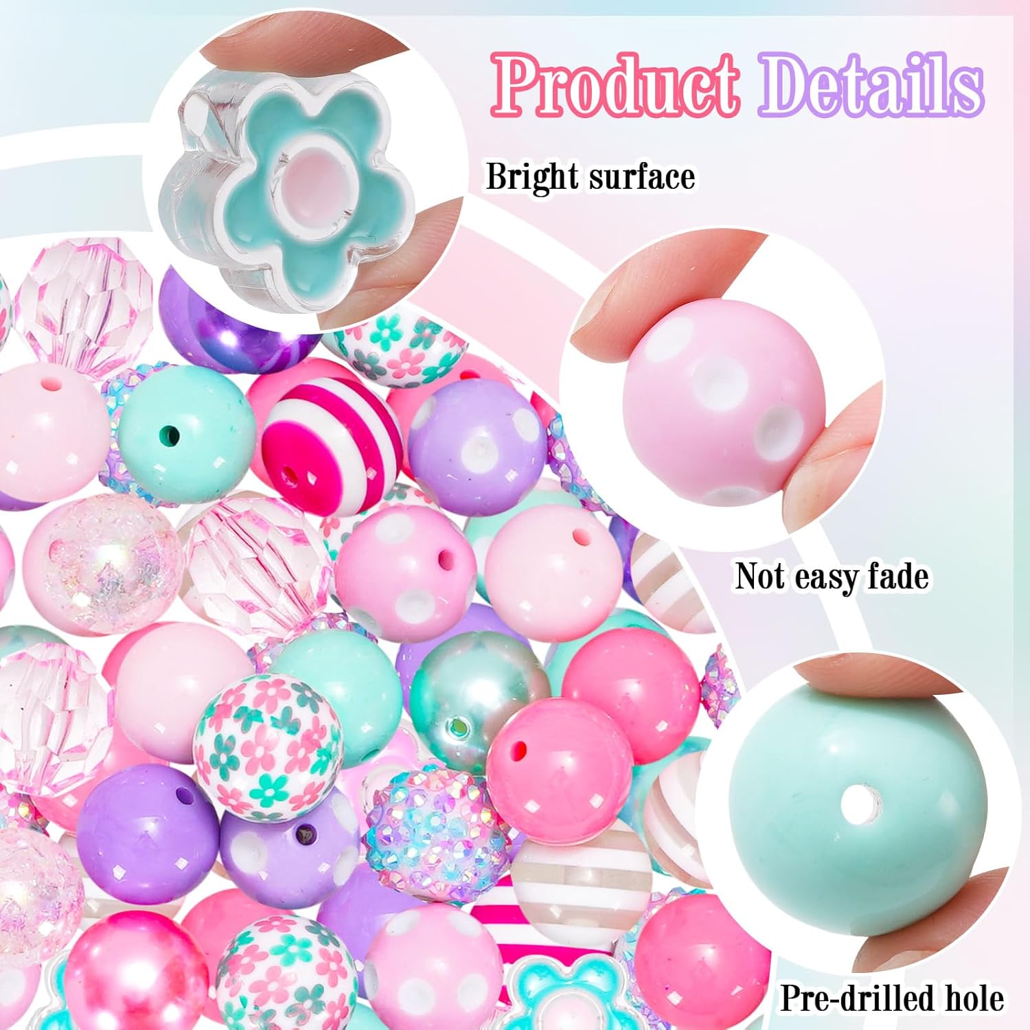 Whaline 50pcs 20mm Mixed Bubblegum Beads Boho Flower Spacer Beads, Macaron Colorful Chunky Bead Set, Jumbo Plastic Beads for Jewelry Making, Boutique DIY Craft Supplies