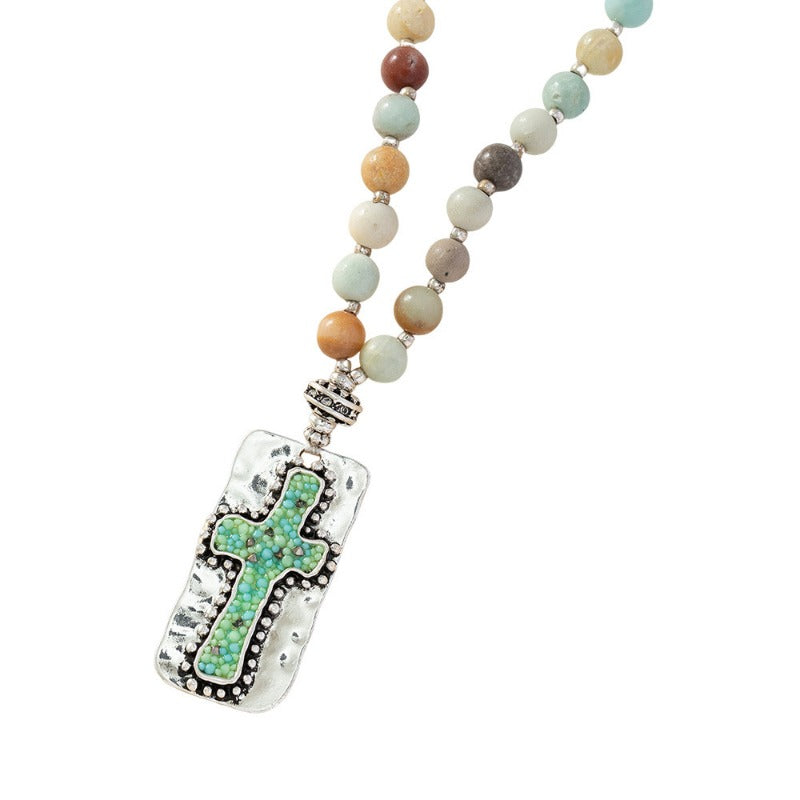 Wholesale Natural Stone Handmade Beaded Knotted Cross Necklace ACC-NE-QingHe002